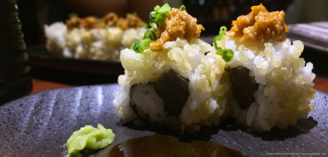 Spicy tuna sushi roll, at Kuuraku