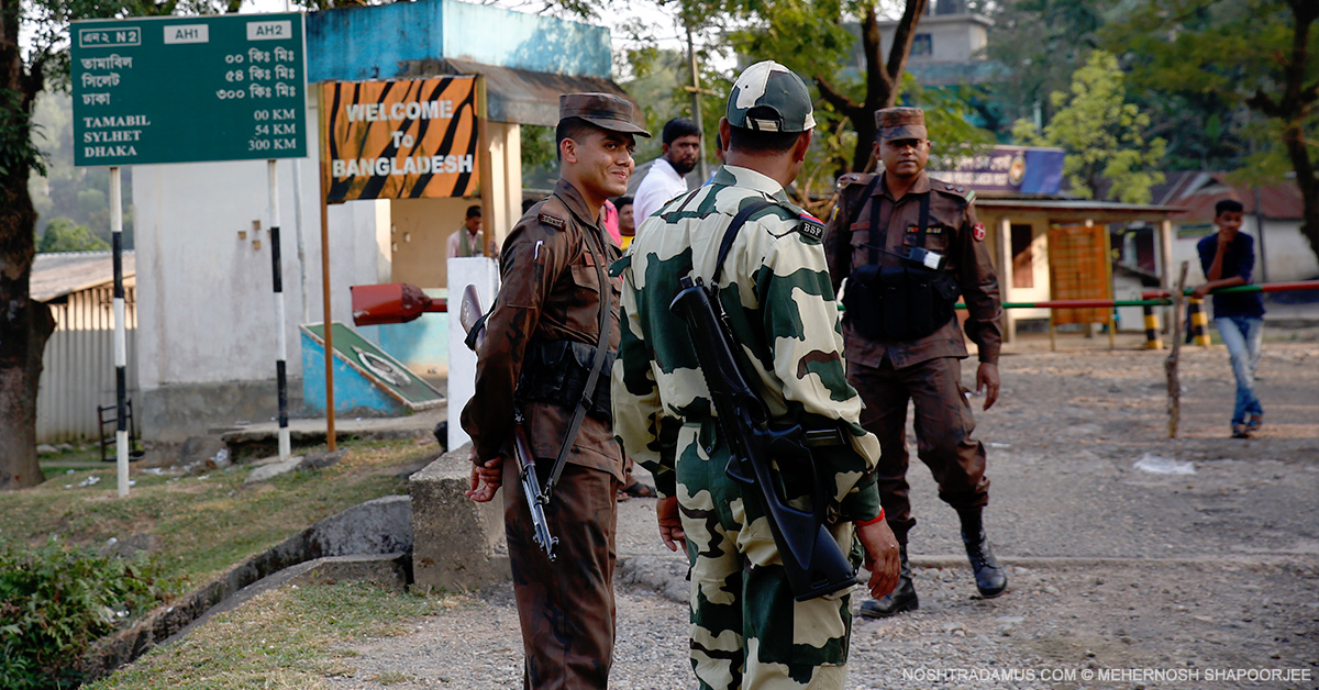 Indian and Bangladeshi border guards, at Dawki in Meghalaya